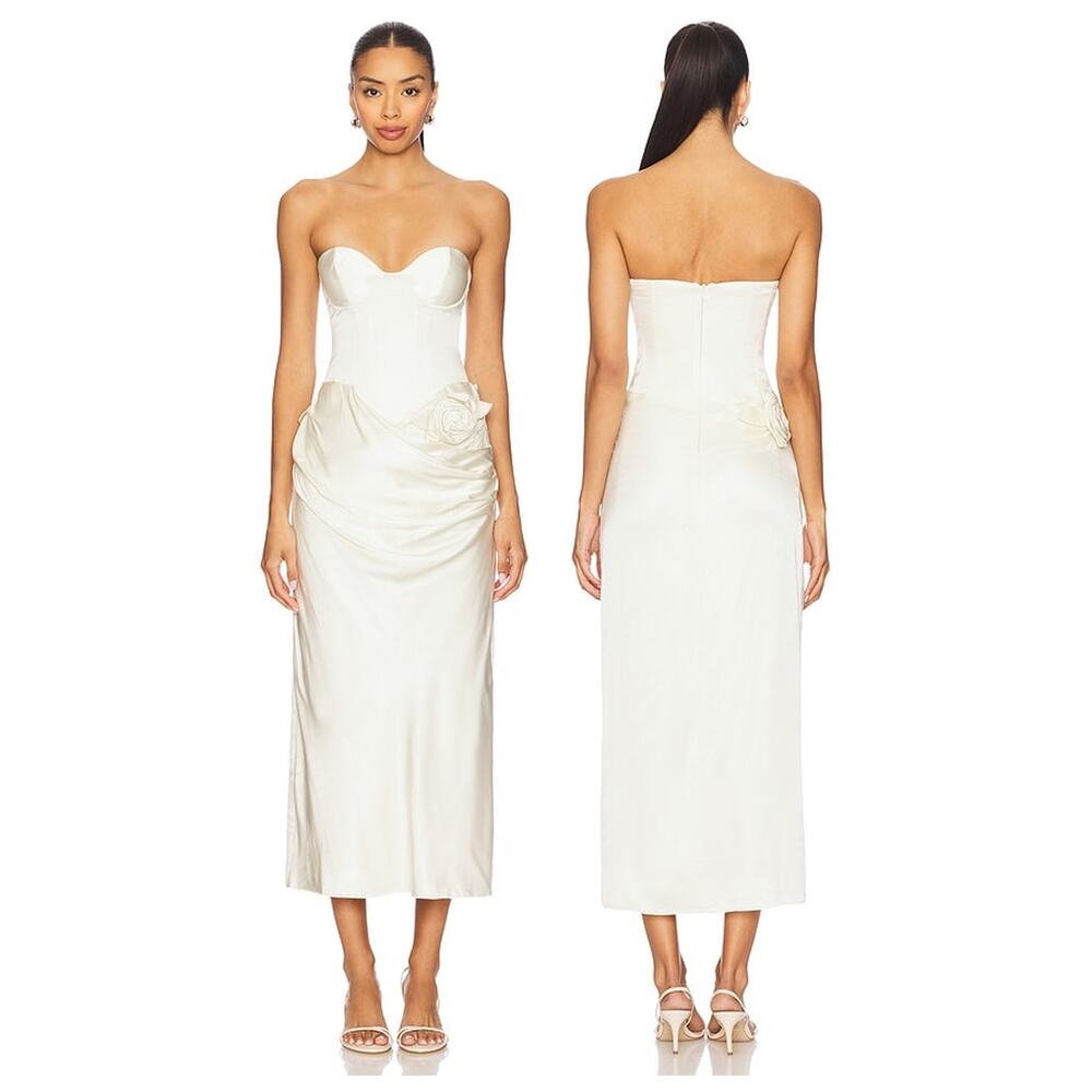 LPA Ilaria Corset Midi Dress Satin Rose Draped Party Bridal Formal Wedding S